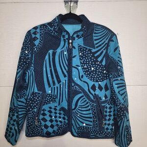 Red Jeans Teal and Black Patterned Jacket
